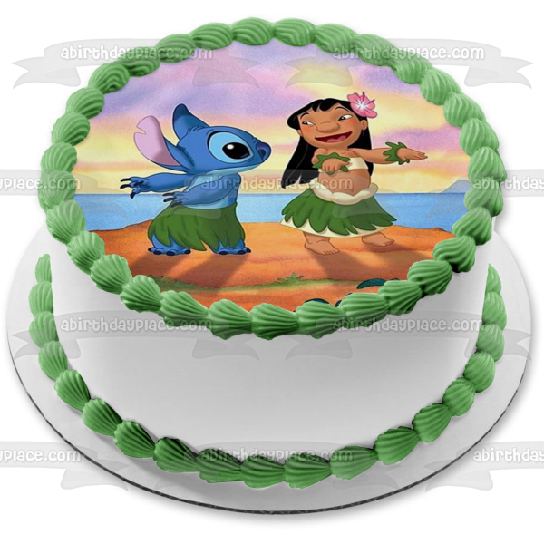 Lilo and Stitch Hula Dance Grass Skirt Flowers Sunset Edible Cake Topper Image ABPID52228