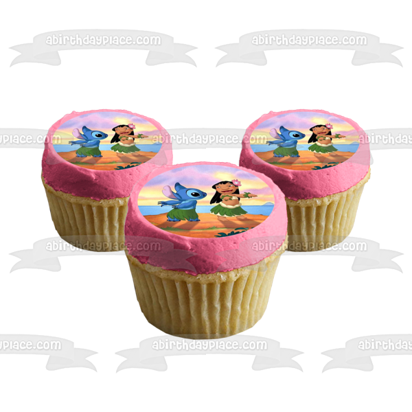 Lilo and Stitch Hula Dance Grass Skirt Flowers Sunset Edible Cake Topper Image ABPID52228