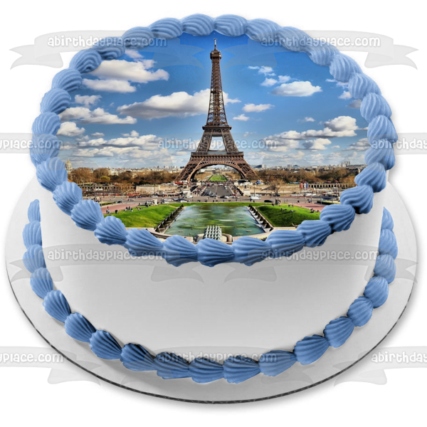Eiffel Tower Bonjour Paris France Sky Clouds Edible Cake Topper Image ABPID04413