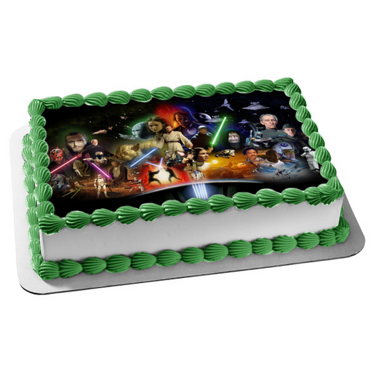 Star Wars Luke Skywalker Chewbaca Princess Leia Darth Vader Light Sabers Yoda Spaceships R2-D2 and C-3PO Edible Cake Topper Image ABPID06444