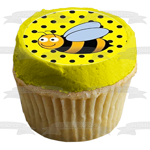 Bumble Bee Black White Yellow Polka Dots and Stripes Edible Cupcake Topper Images ABPID04592