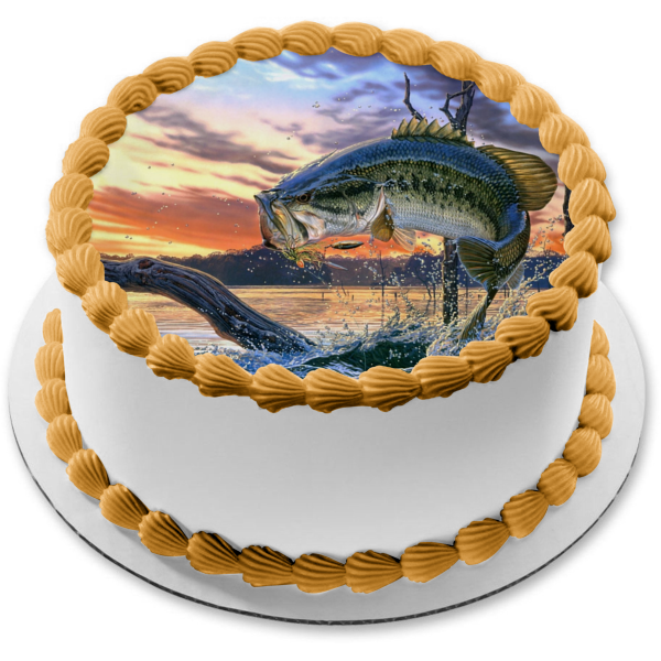 Bass Fishing Fish Out of Water Sunset Edible Cake Topper Image ABPID04589