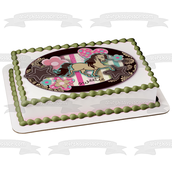 Sweetie Horse Hearts Stars Flowers and Paisleys Edible Cake Topper Image ABPID04629