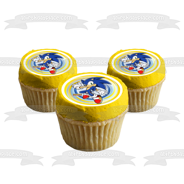 Sonic the Hedgehog Logo Sonic with a Yellow and Blue Spiral Background Edible Cake Topper Image ABPID04706