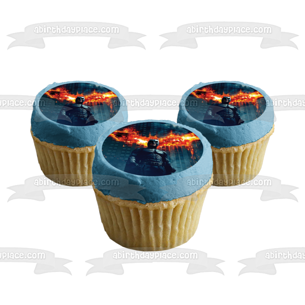 Batman Dark Knight Burning Building In the Background Edible Cake Topper Image ABPID06565