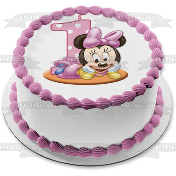 Baby Minnie Mouse Number One Cake Candle First Birthday Edible Cake Topper Image ABPID04832