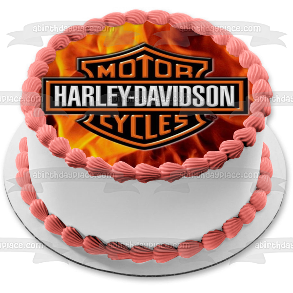 Harley-Davidson Motor Cycles Logo Flaming Background Edible Cake Topper Image ABPID04864