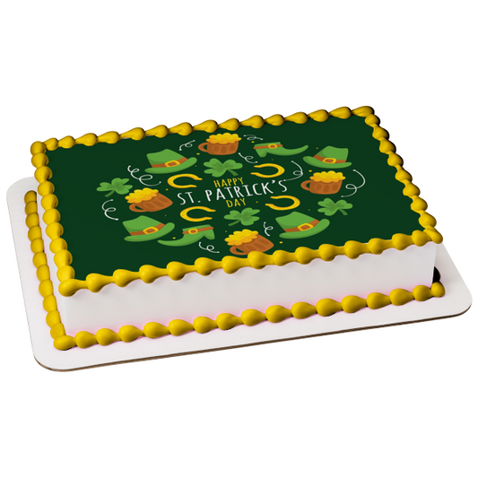 Happy St. Patrick's Day Leprechaun Hats and Boots Pots of Gold Shamrocks Edible Cake Topper Image ABPID53719