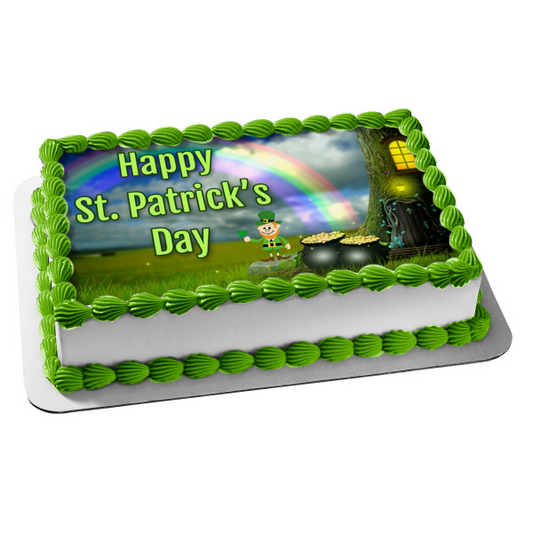 Happy St. Patrick's Day Leprechaun Rainbow and Pot of Gold Edible Cake Topper Image ABPID53720