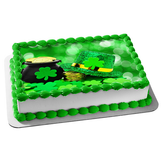 Happy St. Patrick's Day Pot of Gold Leprechaun Hat Edible Cake Topper Image ABPID53724