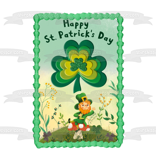 Feliz Día de San Patricio Leprechaun Tréboles de 4 hojas Decoración comestible para tarta Imagen ABPID53726 