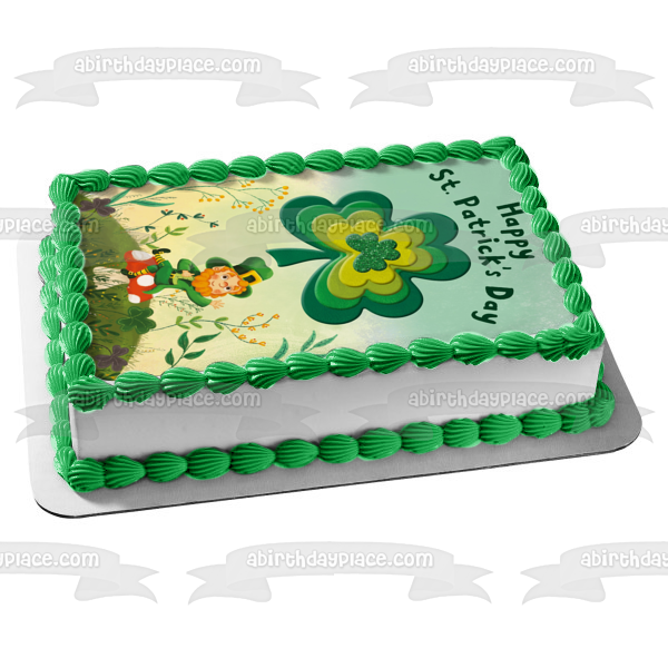 Feliz Día de San Patricio Leprechaun Tréboles de 4 hojas Decoración comestible para tarta Imagen ABPID53726 