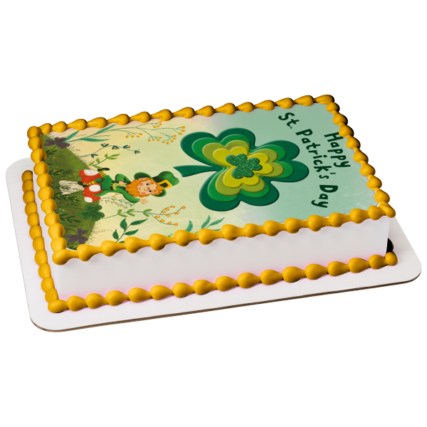 Happy St. Patrick's Day Leprechaun 4 Leaf Clovers Edible Cake Topper Image ABPID53726