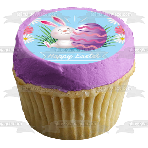 Happy Easter Easter Bunny Easter Egg Flowers Edible Cake Topper Image ABPID53740