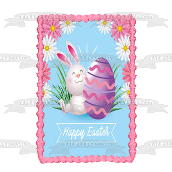 Happy Easter Easter Bunny Easter Egg Flowers Edible Cake Topper Image ABPID53740