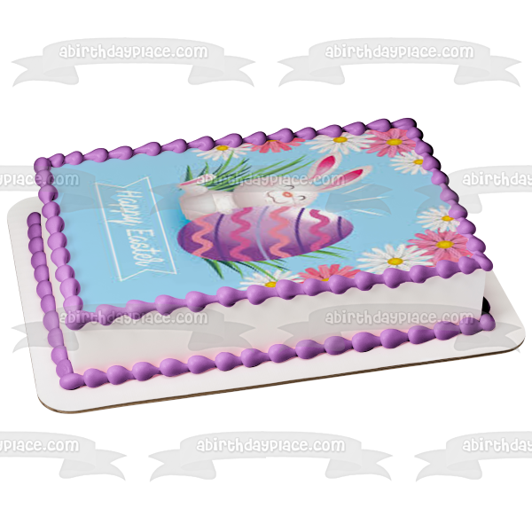 Happy Easter Easter Bunny Easter Egg Flowers Edible Cake Topper Image ABPID53740