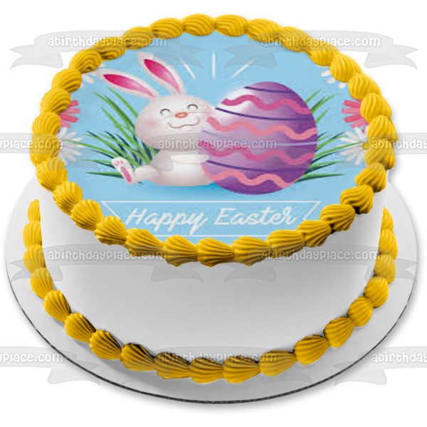 Happy Easter Easter Bunny Easter Egg Flowers Edible Cake Topper Image ABPID53740