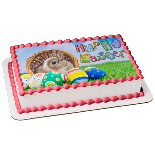 Happy Easter Easter Bunny Colorful Easter Eggs Edible Cake Topper Image ABPID53742