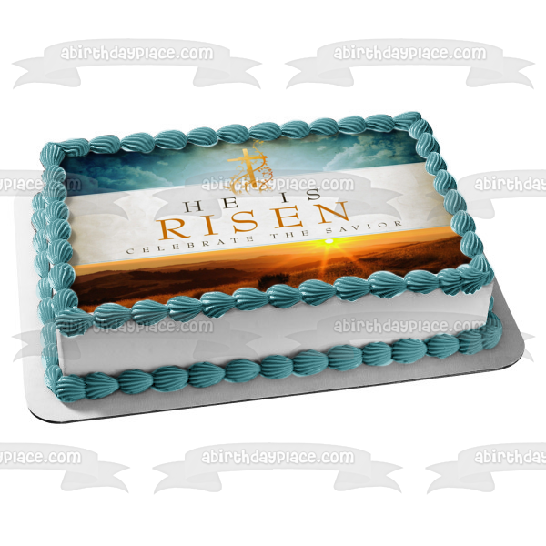 Easter He Is Risen Celebrate the Savior Cross Edible Cake Topper Image ABPID53749