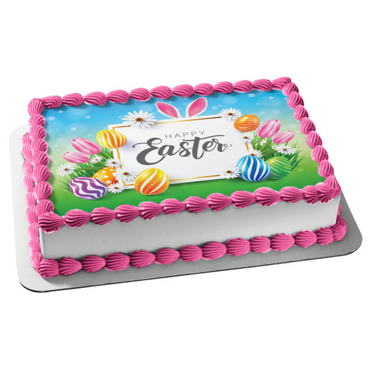 Happy Easter Flowers Easter Eggs Edible Cake Topper Image ABPID53750