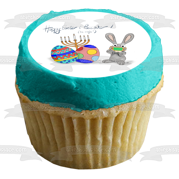 Happy Easter and Passover Menorah Easter Bunny Wearing a Face Mask Easter Eggs Edible Cake Topper Image ABPID53752