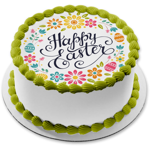 Happy Easter Colorful Flowers and Easter Eggs Edible Cake Topper Image ABPID53754