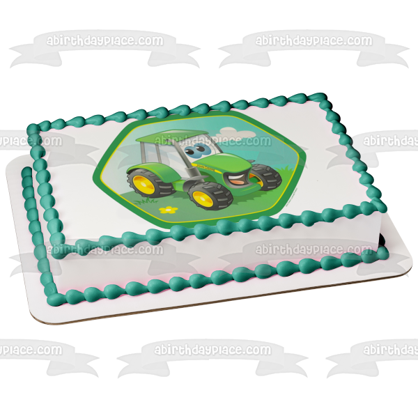 John Deere Tractor Cartoon Sky Clouds and Grass Edible Cake Topper Image ABPID07011