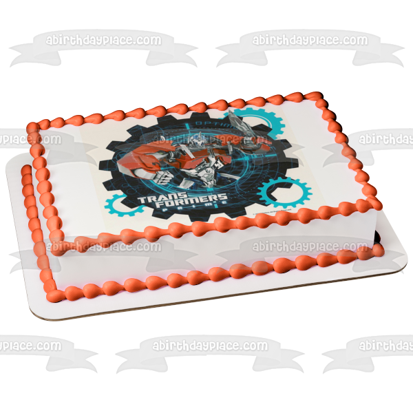Transformers Optimus Prime Ion Blaster with an Assorted Gears Background Edible Cake Topper Image ABPID06659