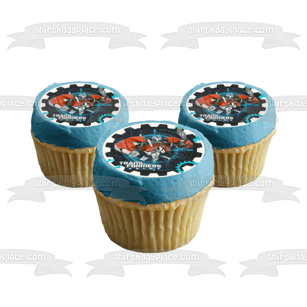 Transformers Optimus Prime Ion Blaster with an Assorted Gears Background Edible Cake Topper Image ABPID06659