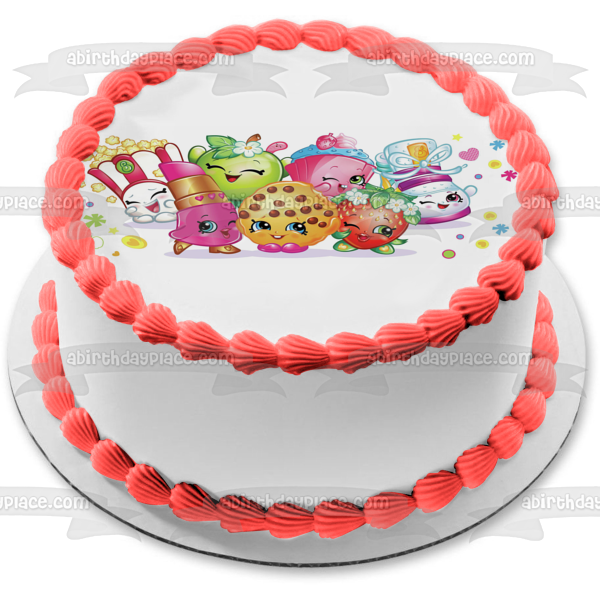 Shopkins Apple Blossom Strawberry Kiss Kooky Cookie Lippy Lips and Poppy Corn Edible Cake Topper Image ABPID07046