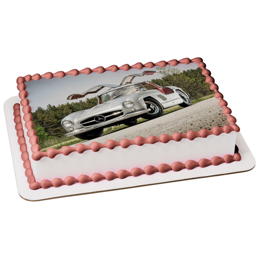 Vintage Classic Mercedes Silver Trees In the Background Edible Cake Topper Image ABPID06662