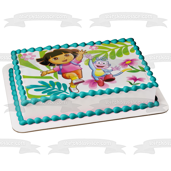 Dora the Explorer Boots Jungle Leaves and  Flowers Edible Cake Topper Image ABPID06667