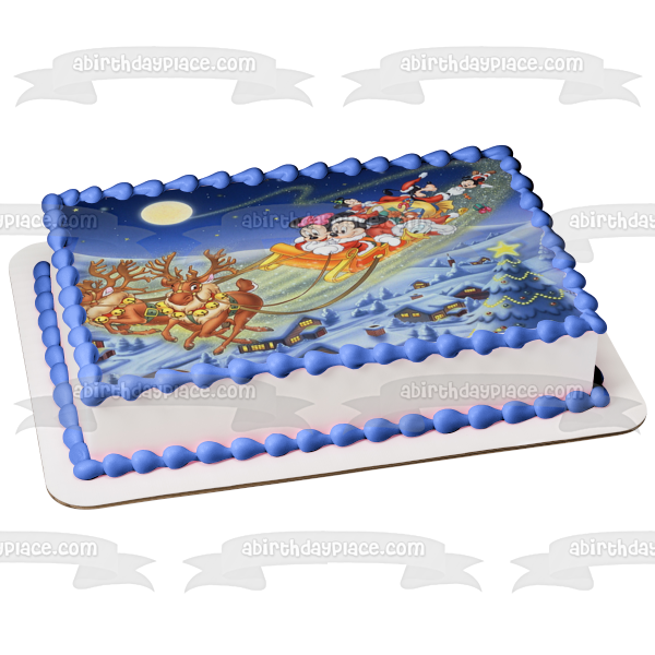 Mickey Mouse Merry Christmas Minnie Mouse Donald Duck Goofy Reindeer and a Sleigh Edible Cake Topper Image ABPID07129