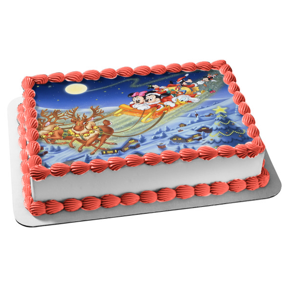 Mickey Mouse Merry Christmas Minnie Mouse Donald Duck Goofy Reindeer and a Sleigh Edible Cake Topper Image ABPID07129