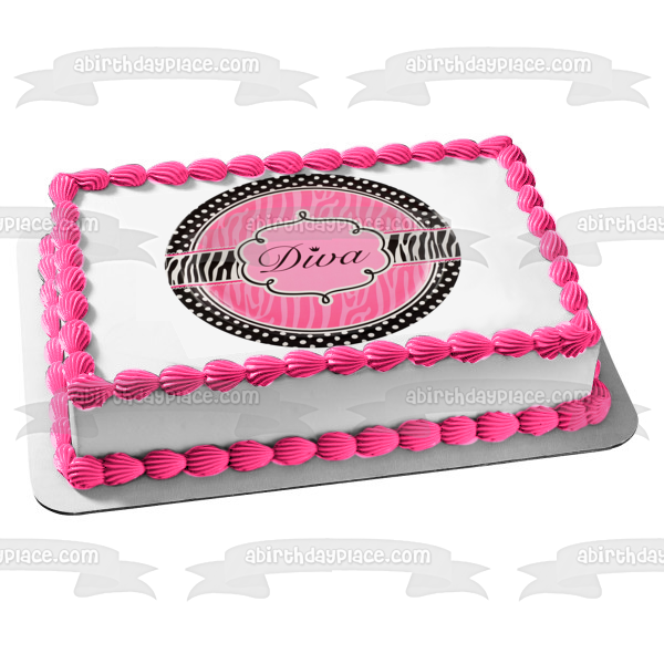 Diva Pink Zebra Stripes Black and White Polka Dot Patterns Edible Cake Topper Image ABPID07139