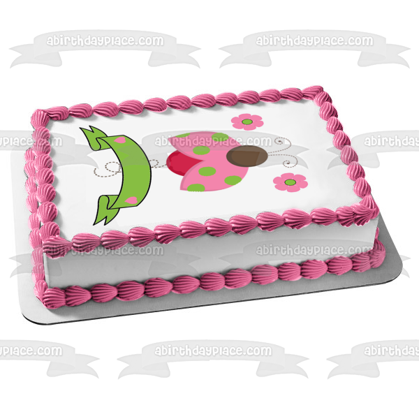 Pink Ladybug Flowers and a Green Banner Edible Cake Topper Image ABPID07141
