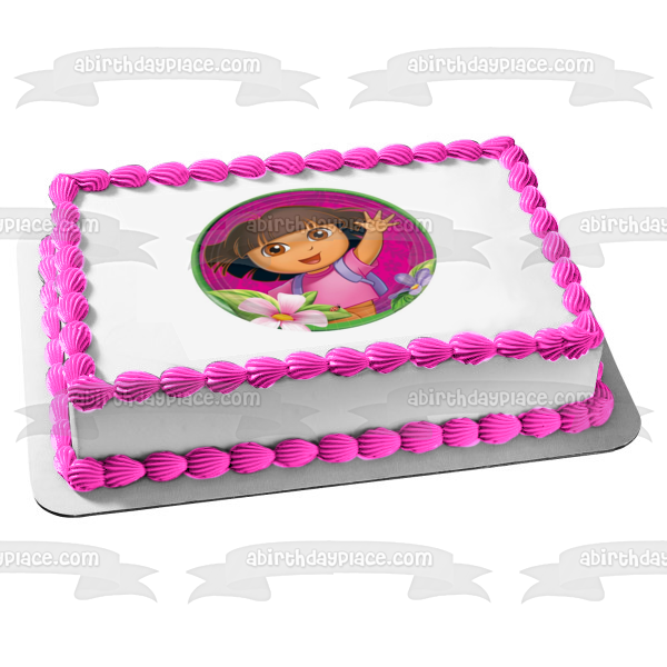 Dora the Explorer Flowers with a  Pink Background Edible Cake Topper Image ABPID06818