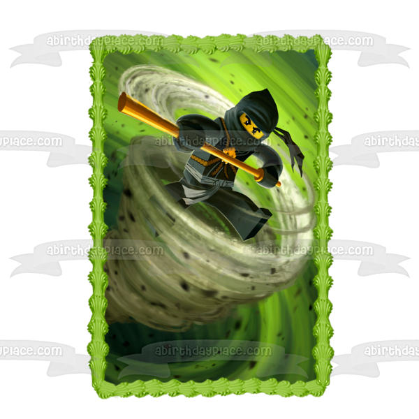 Ninjago Black Cole Tornado with a Green Background Edible Cake Topper Image ABPID07254