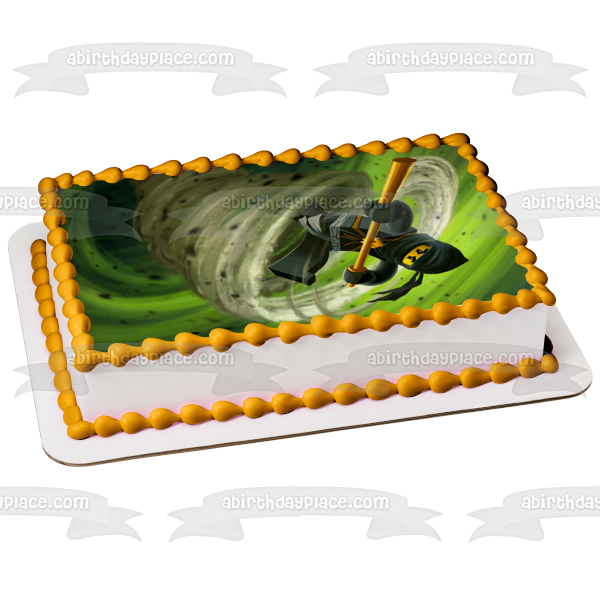 Ninjago Black Cole Tornado with a Green Background Edible Cake Topper Image ABPID07254