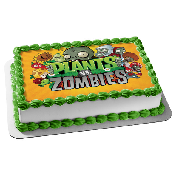 Plants Vs Zombies Peashooter Sunflower Scardey-Shroom Jalapeno and Cherry Bomb Edible Cake Topper Image ABPID06835
