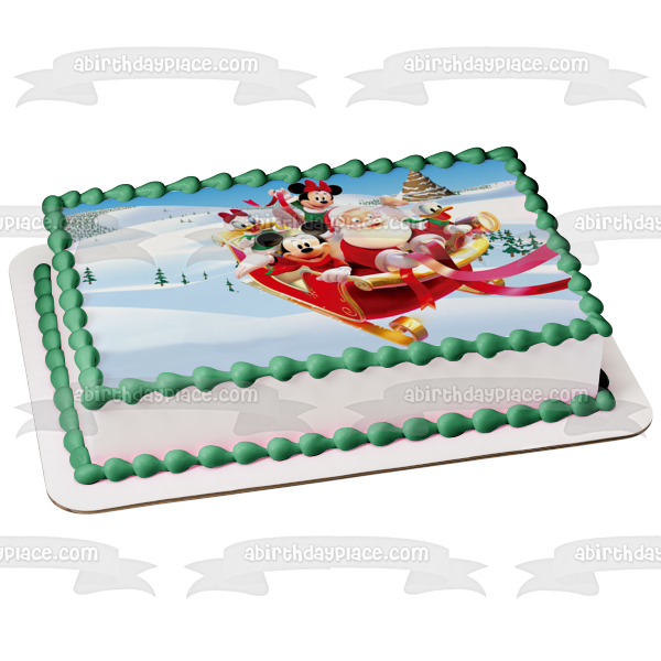 Mickey Mouse Merry Christmas Minnie Mouse Donald Duck Sleigh Daisy Duck Snow and Santa Clause Edible Cake Topper Image ABPID07278