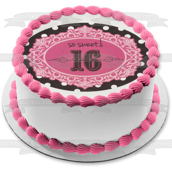 Sweet 16 Birthday so Sweet Pink Black and White Polka Dots Edible Cake Topper Image ABPID07270