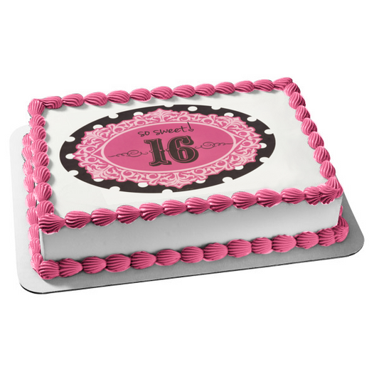 Sweet 16 Birthday so Sweet Pink Black and White Polka Dots Edible Cake Topper Image ABPID07270