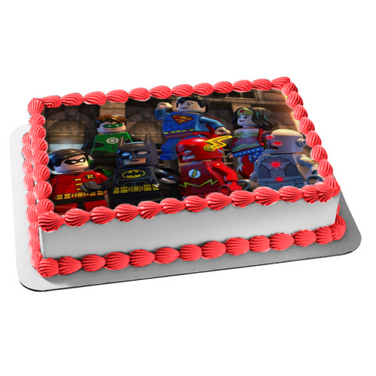 LEGO Superhero 2 Wonder Woman Batman Superman the Flash Green Lantern and Robin Edible Cake Topper Image ABPID07292
