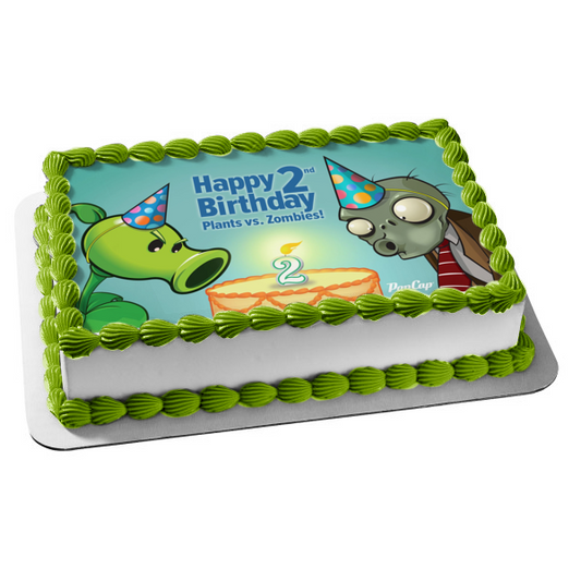 Feliz segundo cumpleaños Plantas Vs Zombies Pea Shooter y un adorno comestible para tarta de zombi Imagen ABPID07322 