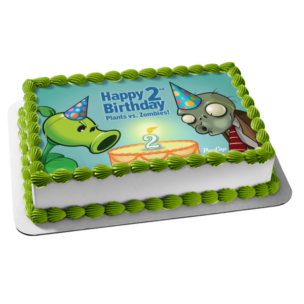 Happy 2nd Birthday Plants Vs Zombies Pea Shooter and a Zombie Edible Cake Topper Image ABPID07322