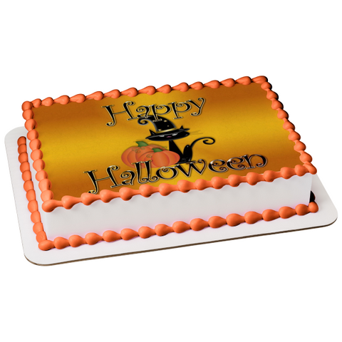 Happy Halloween Pumpkins and a  Black Cat Wearing a Witch Hat Edible Cake Topper Image ABPID06901