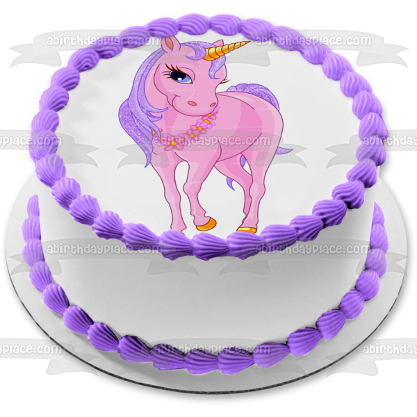 Pink Unicorn Gold Horn Flower and a Necklace Edible Cake Topper Image ABPID06905
