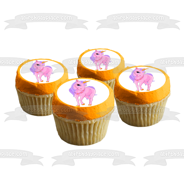 Pink Unicorn Gold Horn Flower and a Necklace Edible Cake Topper Image ABPID06905
