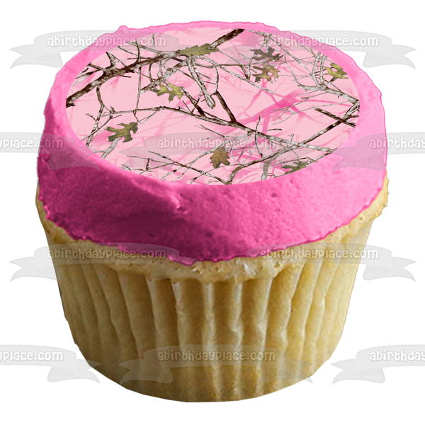 Mossy Oak Trees Leaves Camouflage Pink Background Camo Edible Cake Topper Image ABPID07377